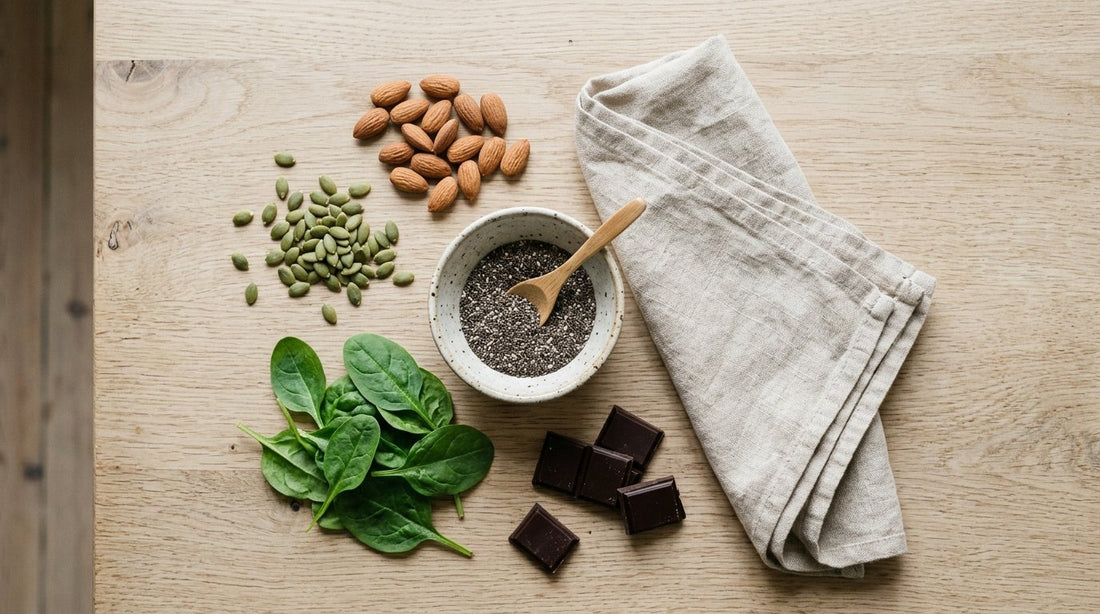 Magnesiumrik mat med pumpakärnor, mandlar, mörk choklad och spenat på ljust träbord