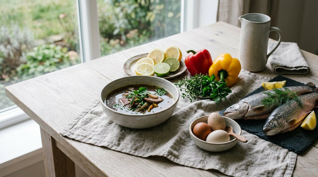 En skål benbuljong omgiven av citrus, paprika, ägg och fisk på ett träbord i mjukt dagsljus.