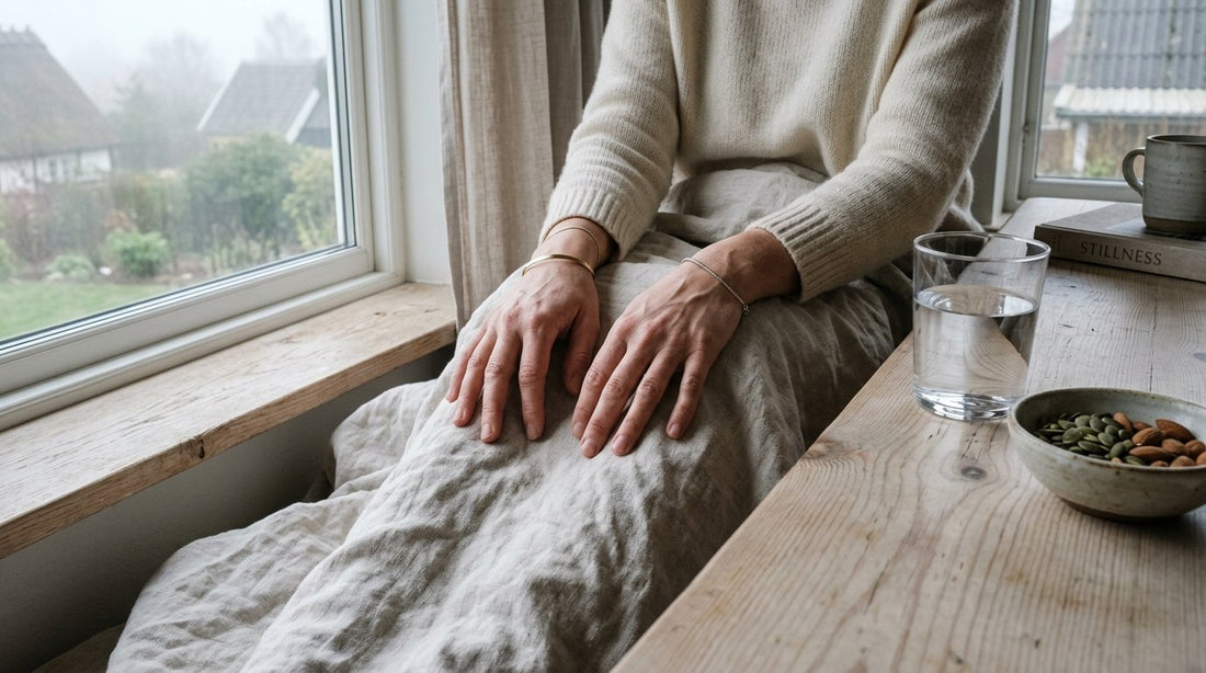 Händer som vilar på en linnefilt bredvid vatten och frön, som illustrerar trötthet vid magnesiumbrist.