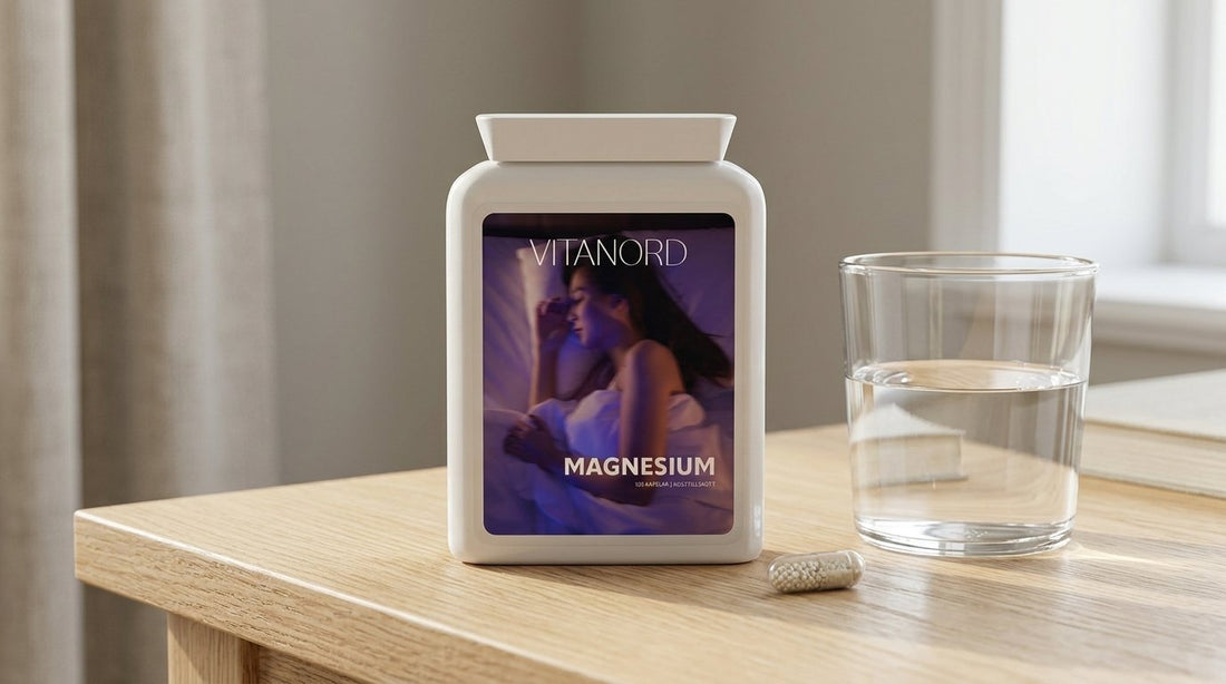 Magnesiumburk med en kapsel och vattenglas på ljust träbord som visar daglig dosering
