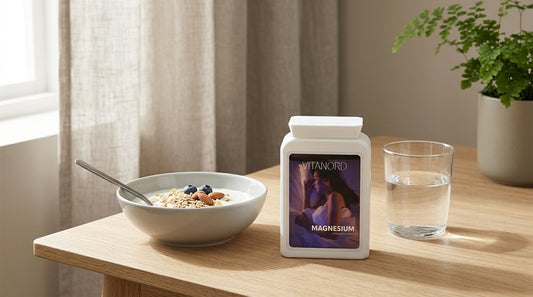 VitaNord Magnesium-burk på ett frukostbord med vatten och yoghurt i morgonljus.