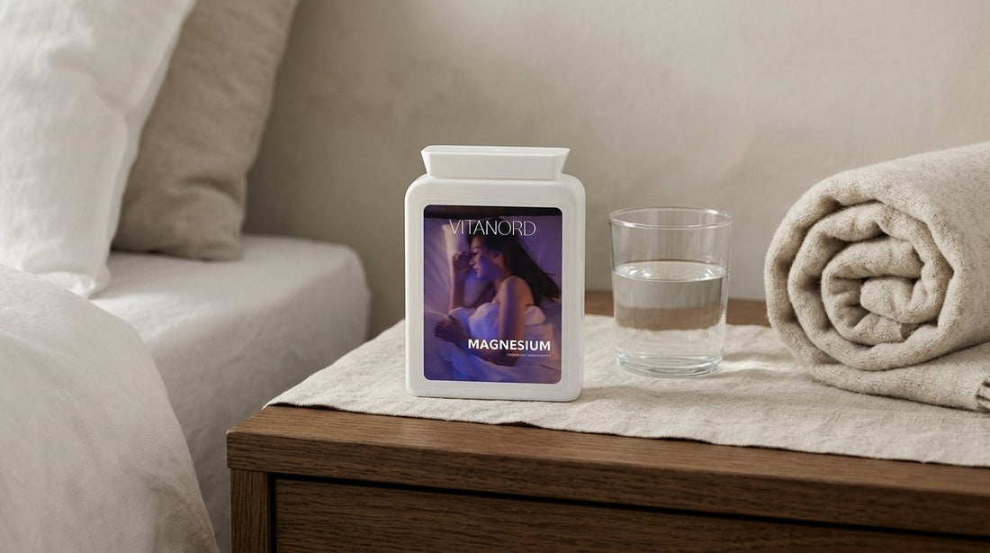 VitaNord Magnesium-burk på ett tränattygsbord bredvid ett glas vatten och en filt.