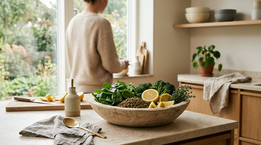 Skål med spenat, linser och broccoli – naturliga källor till folat