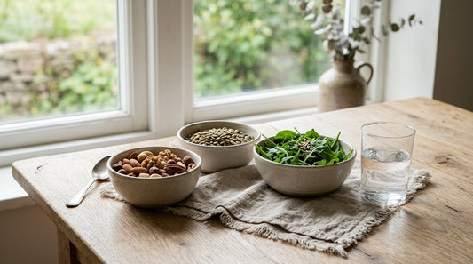 Ljust träbord med skålar av nötter, frön och grönsaker som ger magnesium, kalcium och zink.