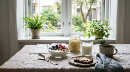 Frukostbord med yoghurt, surkål och kefir i mjukt dagsljus – naturliga källor till probiotika