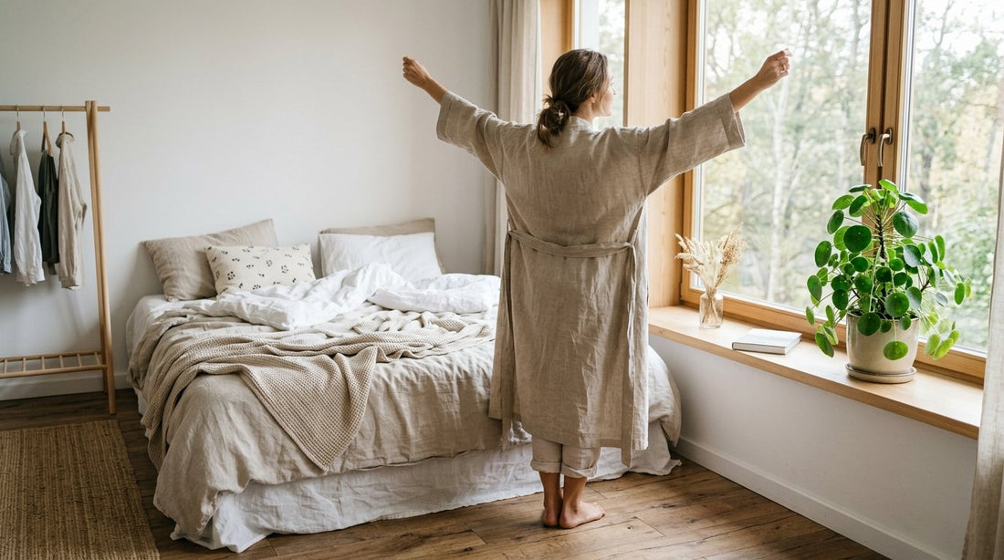 Kvinna sträcker på sig vid ett fönster i ett ljust sovrum – morgon och återhämtning