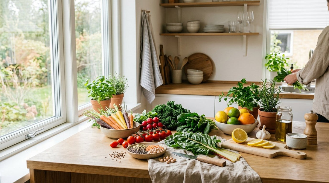 Färgglada grönsaker och baljväxter på köksbänk – vitaminer för kvinnor