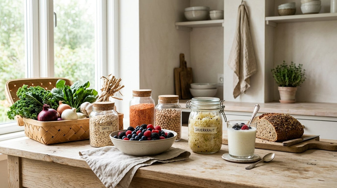 Köksbänk med fiberrik mat, baljväxter, havre, grönsaker och surkål för en frisk tarmflora