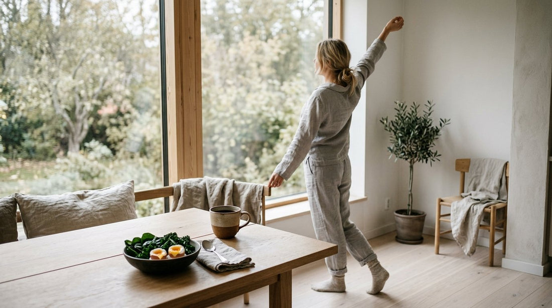 Trött person sträcker på sig vid ett ljust fönster på morgonen med kaffe och näringsrik frukost
