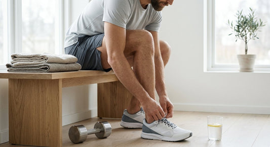 Man knyter träningsskorna i morgonljus – naturliga sätt att öka testosteron