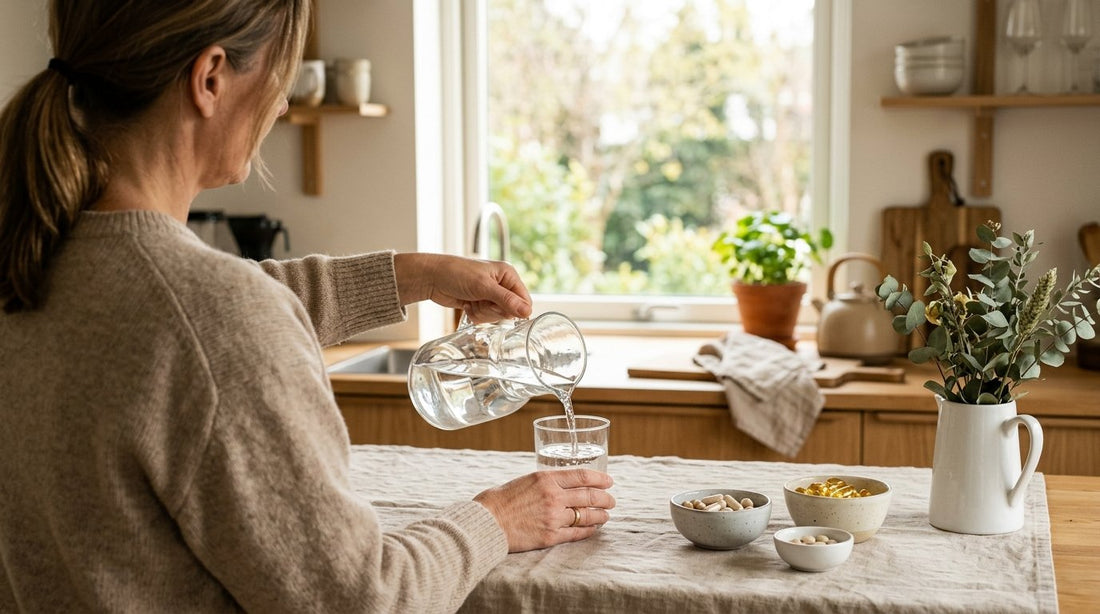 Kvinna häller upp ett glas vatten bredvid skålar med kosttillskott i ett ljust skandinaviskt kök