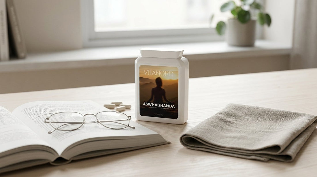 Burk med ashwagandha-kapslar på ett träbord bredvid en uppslagen tidskrift