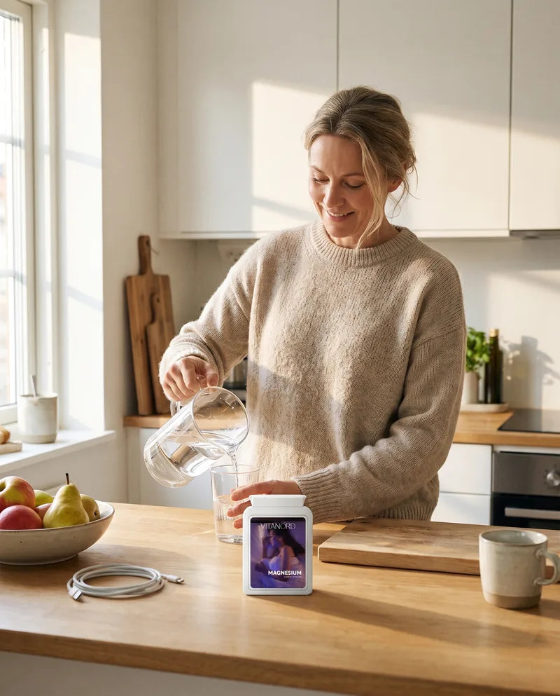 Kvinna i köket en morgon med Vitanord Magnesium på bänken