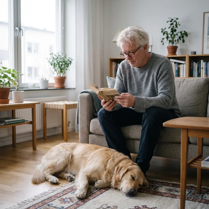 Man läser en bok i soffan med hunden på mattan
