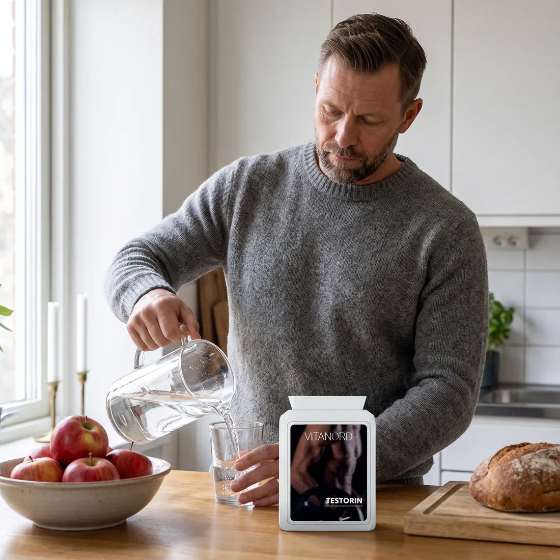 Man häller upp ett glas vatten i köket, med en burk VitaNord Testorin på bänken